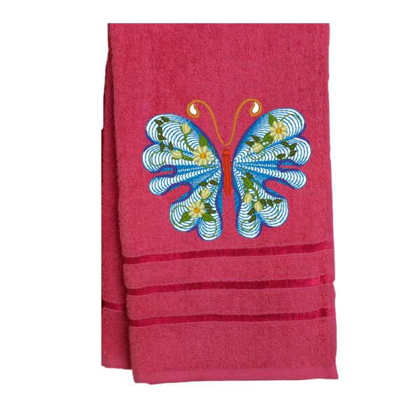 Prosop de baie brodat Rosu personalizat Fluture albastru 70 x 140 cm