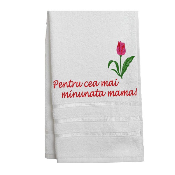Prosop de baie brodat Alb personalizat cu mesaj pentru mama si trandafir 70 x 140 cm