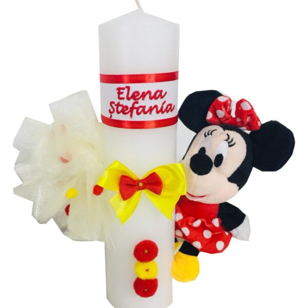 Lumanare botez personalizata prin broderie cu nume si cu jucarie Disney Minni Mouse