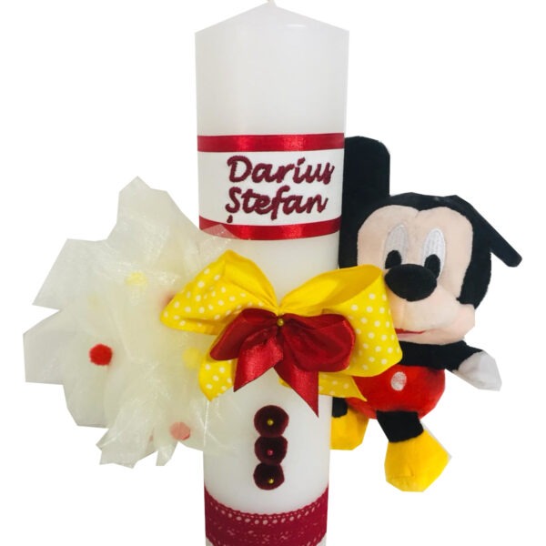 Lumanare botez personalizata prin broderie cu nume si cu jucarie Disney Mickey Mouse